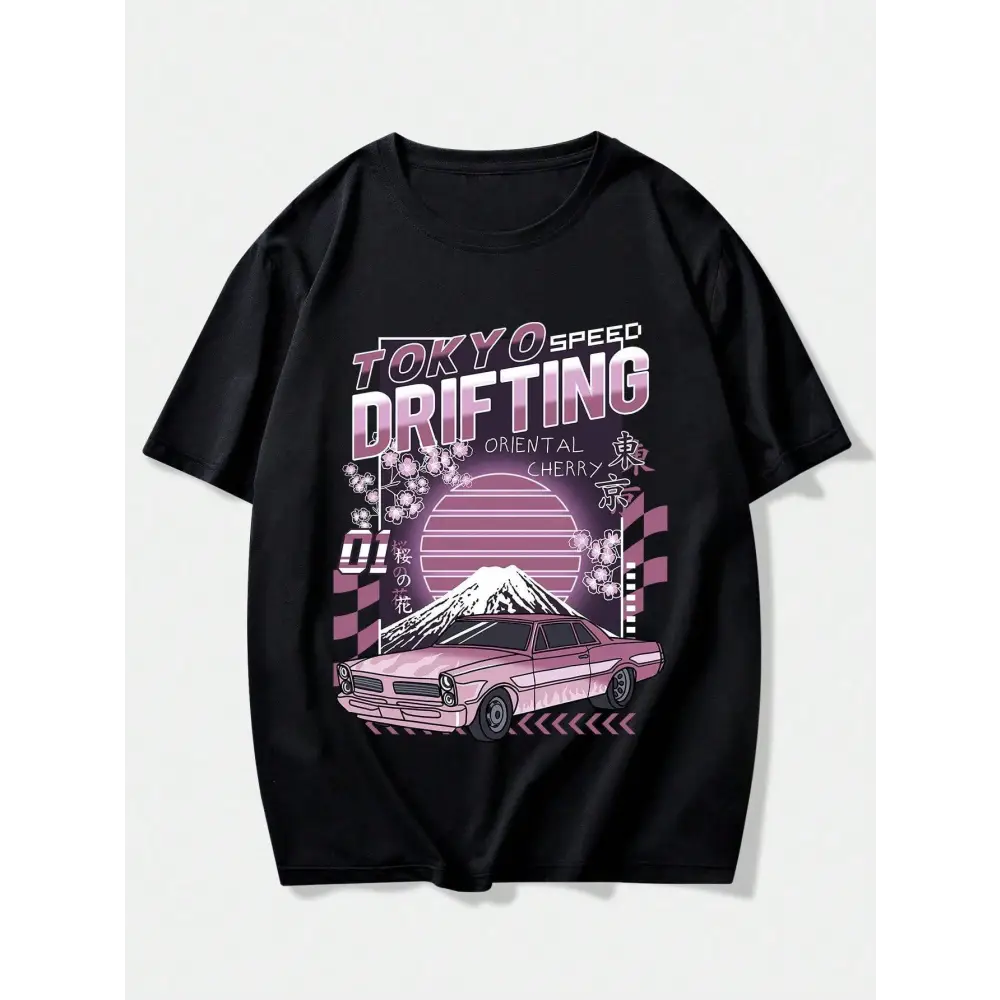Black short-sleeved Tokyo speed drifting letter graphic t-shirt with vibrant pink classic car drifting design and Japanese text