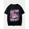 Black short-sleeved Tokyo speed drifting letter graphic t-shirt with vibrant pink classic car drifting design and Japanese text