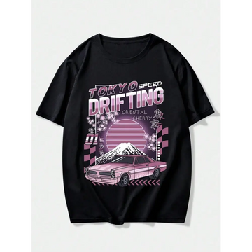Black short-sleeved Tokyo speed drifting letter graphic t-shirt with vibrant pink classic car drifting design and Japanese text