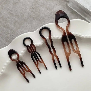 Set of five tortoiseshell acrylic hair clips with wavy looped tops for elegant bun lazy styling and lazy updo gadget use
