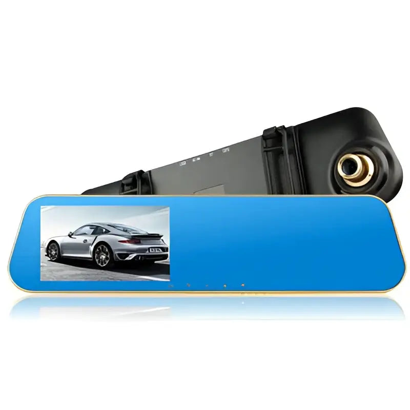 Blue rectangular touchscreen car rearview mirror driving recorder with black rearview camera unit mounted on back