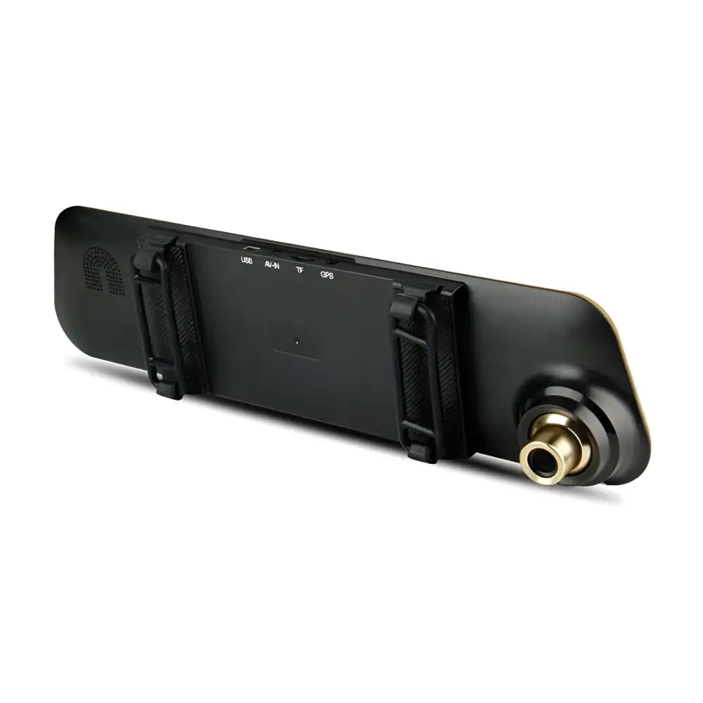 Black rearview mirror driving recorder back side with gold-colored lens housing and integrated mounting clips for touchscreen car rearview