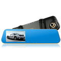 Blue rectangular touchscreen car rearview mirror driving recorder with black rearview and integrated screen displaying a silver sports car