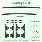 Black plastic toyota rav4 roof rack cross bars with tower feet mounting brackets and hardware showing length x width