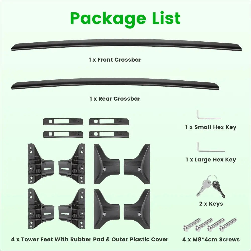 Black plastic toyota rav4 roof rack cross bars with tower feet mounting brackets and hardware showing length x width