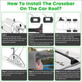 Black plastic toyota rav4 roof rack cross bars with tower feet and labeled arrows for front and rear installation