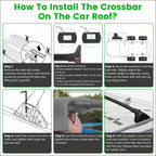 Black plastic toyota rav4 roof rack cross bars with tower feet and labeled arrows for front and rear installation