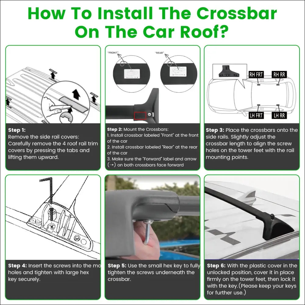 Black plastic toyota rav4 roof rack cross bars with tower feet and labeled arrows for front and rear installation