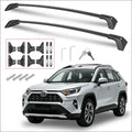 Black Toyota RAV4 roof rack cross bars with tower feet and integrated mounting hardware measuring length by width