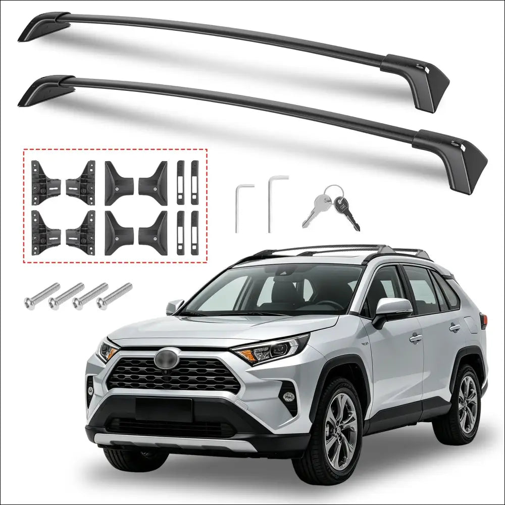 Black Toyota RAV4 roof rack cross bars with tower feet and integrated mounting hardware measuring length by width