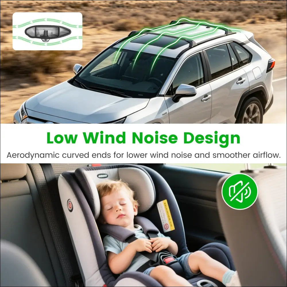 Silver toyota rav4 suv with aerodynamic roof design and tower feet roof rack cross bars showing child safety seat in back