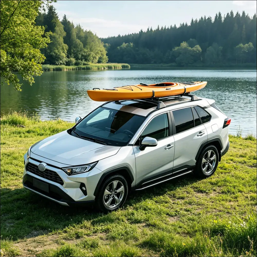 White toyota rav4 suv with bright orange kayak secured on roof rack featuring tower feet cross bars length x width design