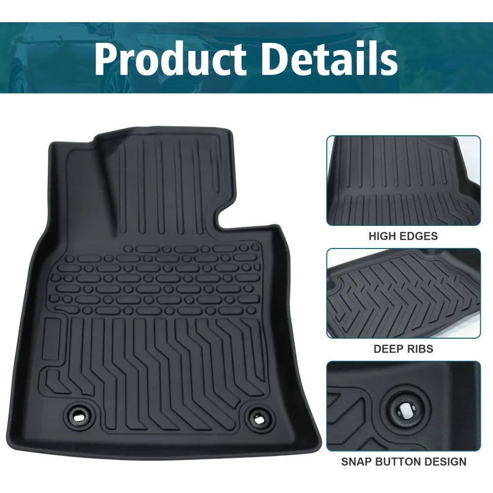 Black tpe rubber floor mat with high edges deep ribs and snap button design for 2018 2023 camry hybrid rubber floor mats
