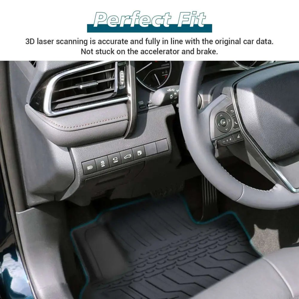 Black tpe rubber floor mat with teal trim and textured tread pattern for 2018 2023 camry hybrid rubber floor mats