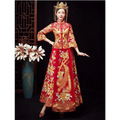 A woman wears a vibrant red robes xiuhe traditional chinese dragon wedding gown with intricate golden embroidery and headpiece