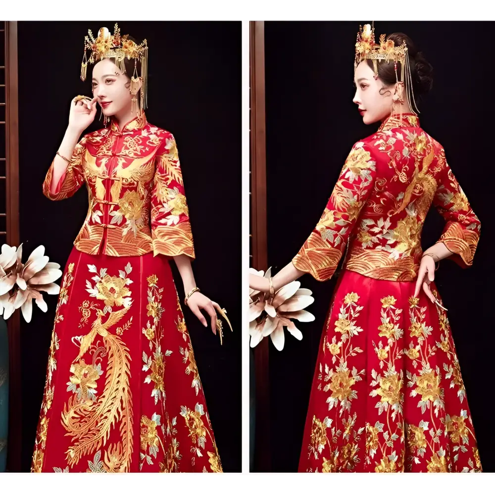 Traditional chinese robes xiuhe vibrant red wedding gown with gold embroidered phoenix and floral patterns