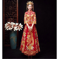 A woman wears a vibrant red robes xiuhe with intricate golden phoenix and chinese dragon embroidery and matching headdress