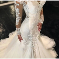 A white trailing white temperament long lace wedding dress with sheer lace sleeves and intricate beaded embroidery