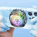 Futuristic transparent rgb cooling fan phone cooler with glowing rainbow circular design and metallic accents on back side