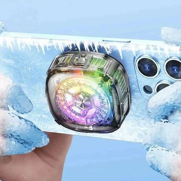 Futuristic transparent rgb cooling fan phone cooler with glowing rainbow circular design and metallic accents on back side