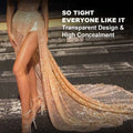 A shimmering gold sequined gown with a high slit complements the use of transparent sweat-proof thigh lifting tape