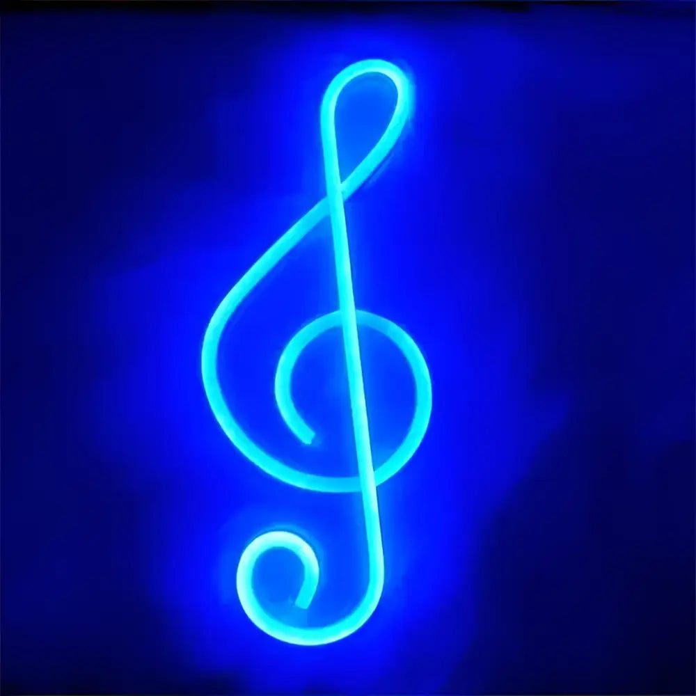 A glowing treble clef blue neon bar light in bright blue shaped like a musical clef perfect for bar decor