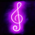 A glowing purple neon bar light shaped like a treble clef for decorative clef blue neon wall accents
