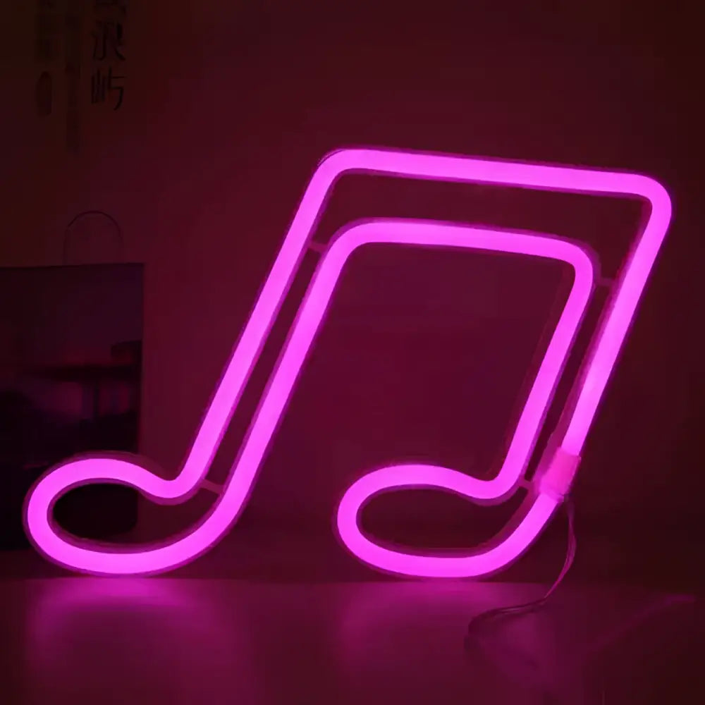 A glowing pink neon bar light shaped like a musical note in the treble clef blue neon collection