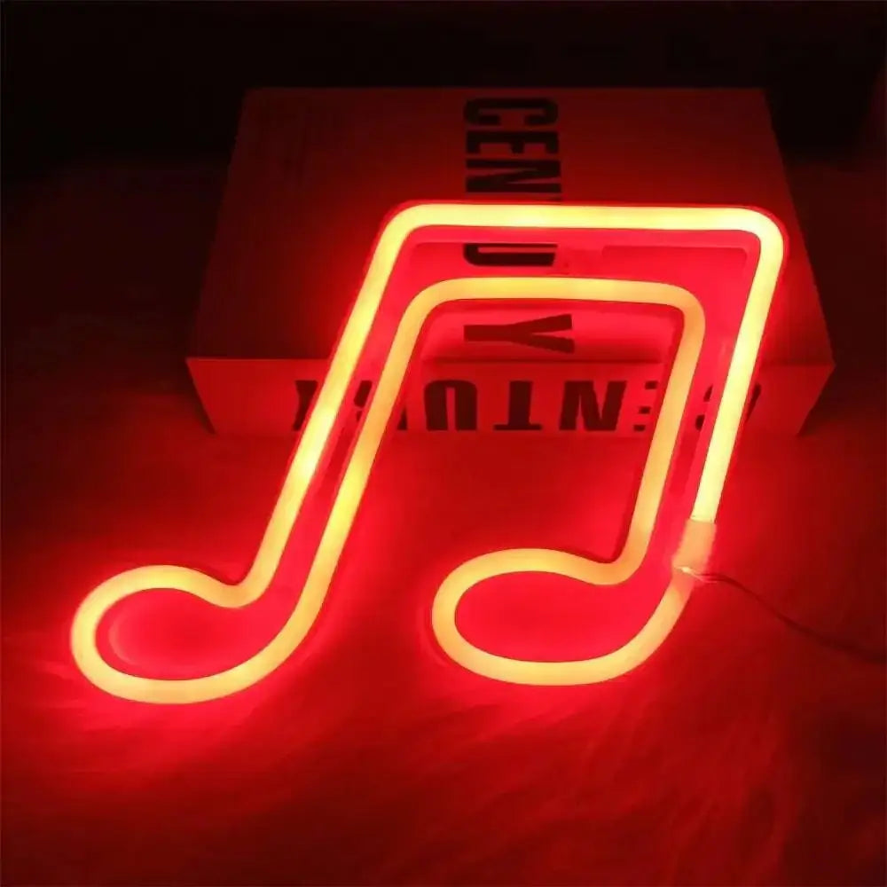 A glowing red neon bar light shaped like a music note with warm yellow inner glow for treble clef blue neon decor