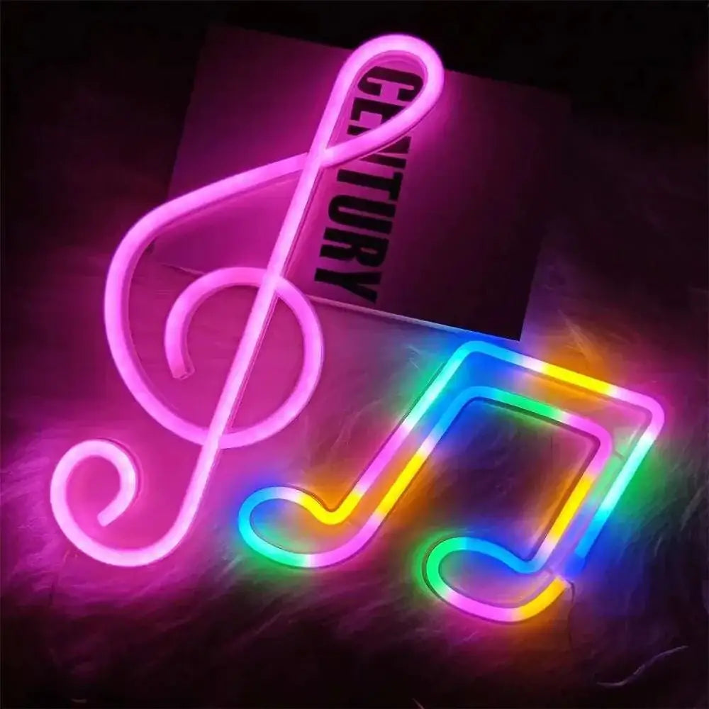 A treble clef blue neon bar light features a pink glowing clef and a rainbow gradient musical note in neon style