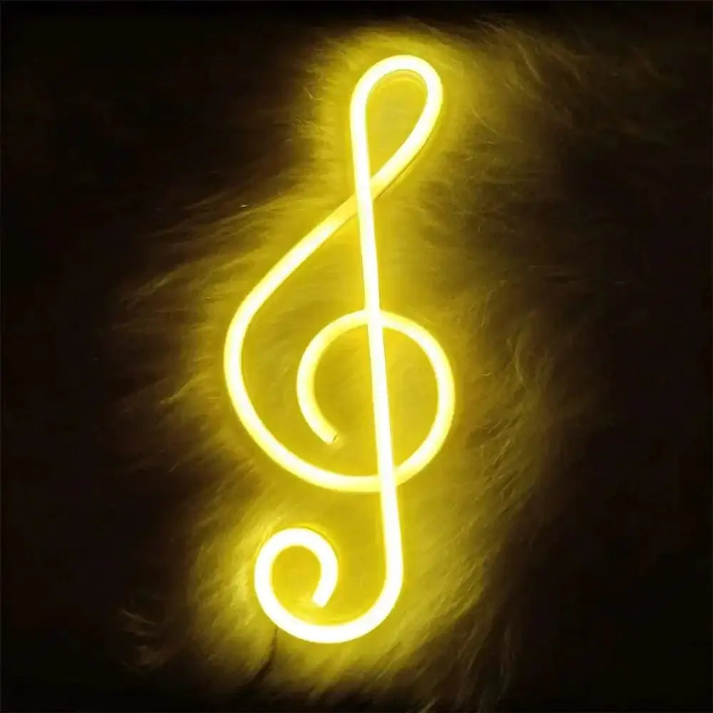A glowing yellow neon bar light shaped like a treble clef in the treble clef blue neon collection