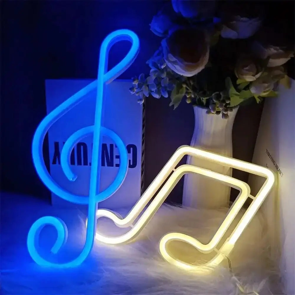 Blue and yellow neon bar lights shaped like a treble clef and an eighth note in treble clef blue neon design