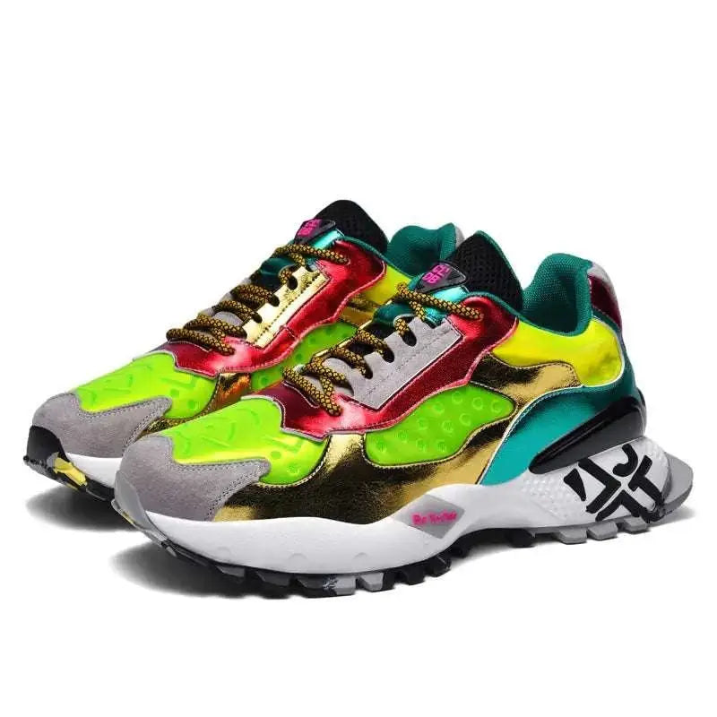 Trendy colorful dad sneakers for men with a bold iridescent finish featuring yellow blue purple and orange panels