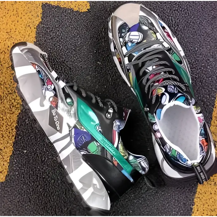 Silver and black trendy colorful dad sneakers for men with green accents and vibrant graphic designs