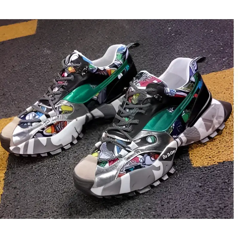 Trendy colorful dad sneakers for men featuring vibrant multicolored camouflage pattern and metallic accents