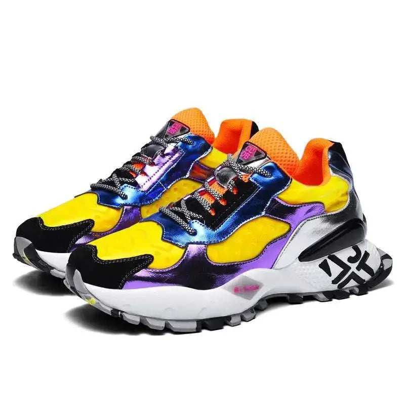 Trendy colorful dad sneakers for men with a bold iridescent finish featuring yellow blue purple and orange panels
