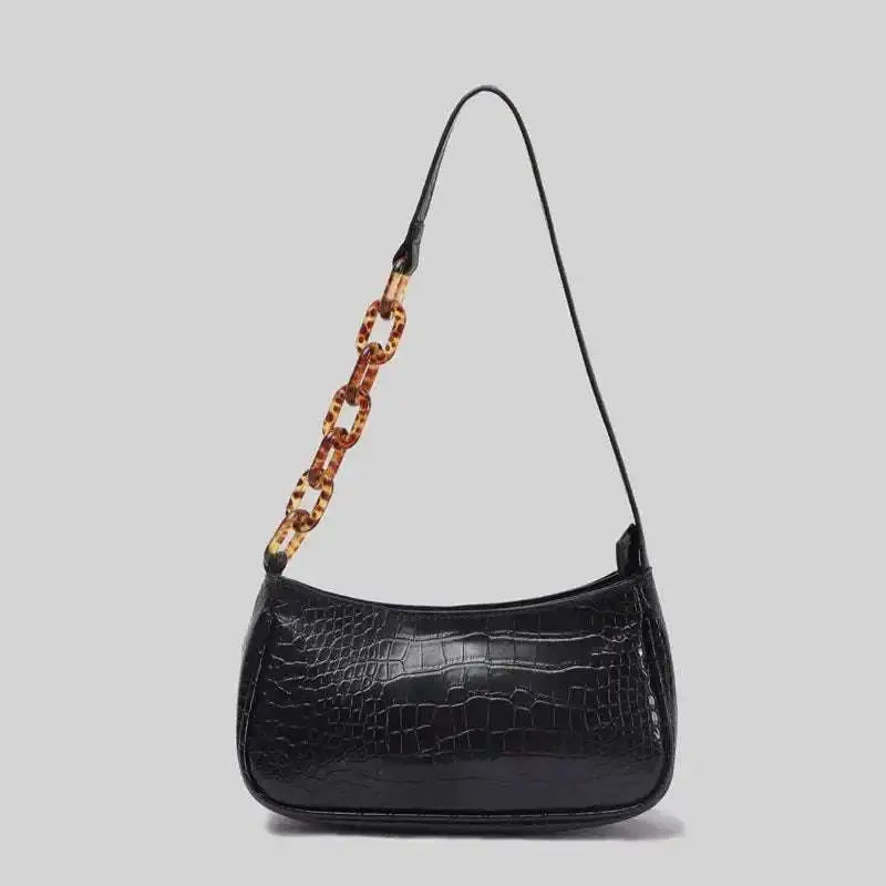 Trendy small crocodile white leather shoulder bag with contrasting brown trim and off-white acrylic chain strap