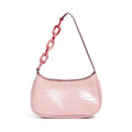 Trendy small crocodile pink handbag with acrylic chain strap in translucent pink for stylish white leather shoulder use
