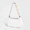 Trendy small crocodile white leather shoulder bag with contrasting brown trim and off-white acrylic chain strap
