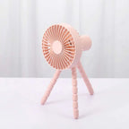 Pink plastic tripod small fan with circular grille and segmented legs desktop multifunctional adjustable stand