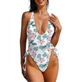 White one-piece tropical cross tie swimsuit with pink flower and leaf print featuring halter neck tie high cut sides