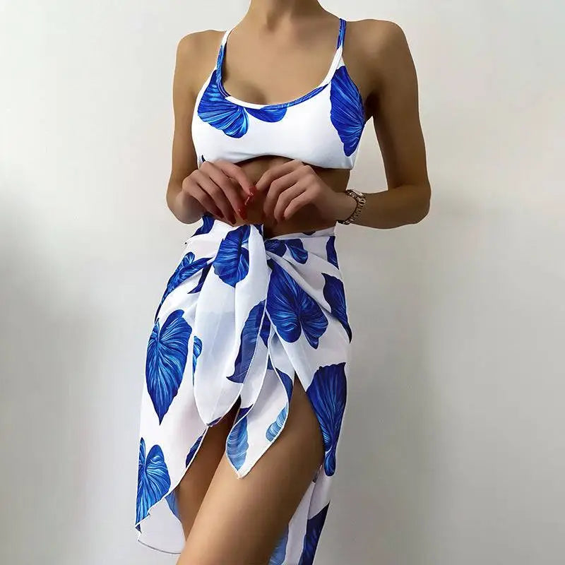 White and blue tropical leaf print wrap skirt from bikini printed three-piece tropical leaf bikini set swimsuit