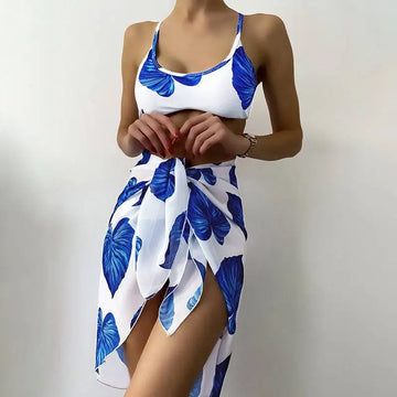 White and blue tropical leaf print wrap skirt from bikini printed three-piece tropical leaf bikini set swimsuit