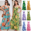 Tropical leaf long dress summer swing with vibrant teal orange and green print v-neckline and spaghetti straps