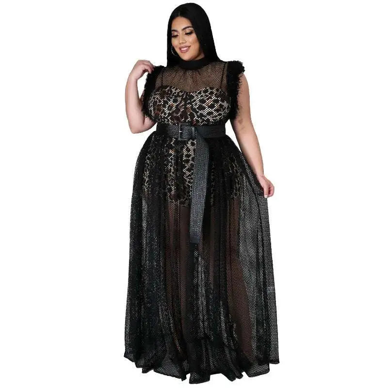 Black lace maxi dress with leopard print bodice and sheer mesh overlay showcasing fashionable temperament mesh design