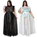 Black and white mesh plus size maxi dresses with lace detailing featuring leopard print and turquoise bustier designs