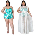 Teal and white tropical leaf mesh plus size one-piece swimsuit with thin straps featuring a fashionable temperament mesh design