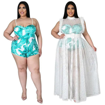 Teal and white tropical leaf mesh plus size one-piece swimsuit with thin straps featuring a fashionable temperament mesh design