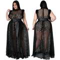 Black leopard-print mesh plus size maxi dress with sheer overlay and feathered shoulder accents in fashionable temperament mesh style