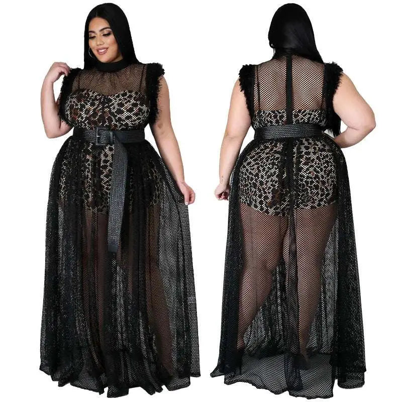 Black leopard-print mesh plus size maxi dress with sheer overlay and feathered shoulder accents in fashionable temperament mesh style